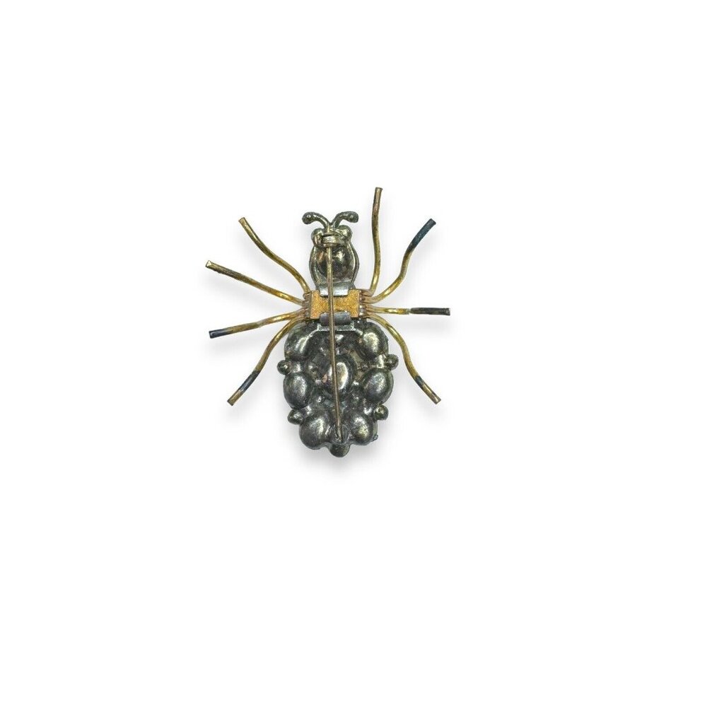 Art Nouveau Jadeite Brass Spider Brooch Green Crystal - Picture 5 of 16